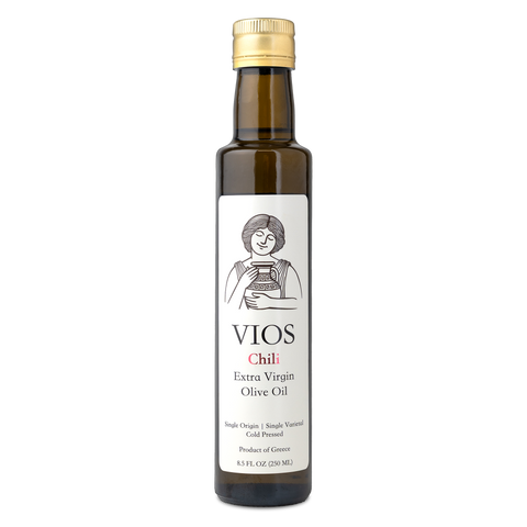 Bottle of VIOS Chili Extra Virgin Olive Oil on a transparent background