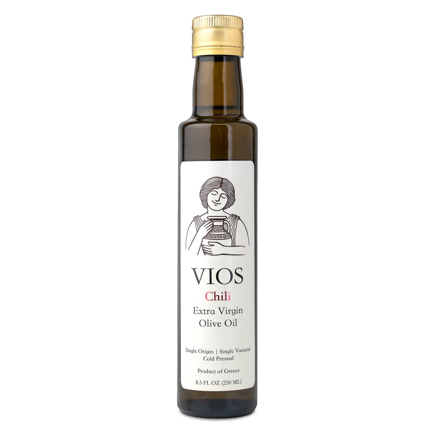Bottle of VIOS Chili Extra Virgin Olive Oil on a transparent background