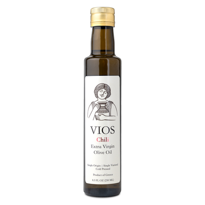 Bottle of VIOS Chili Extra Virgin Olive Oil on a transparent background