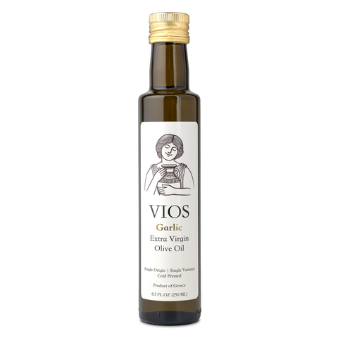 Bottle of VIOS Garlic Extra Virgin Olive Oil on a transparent background