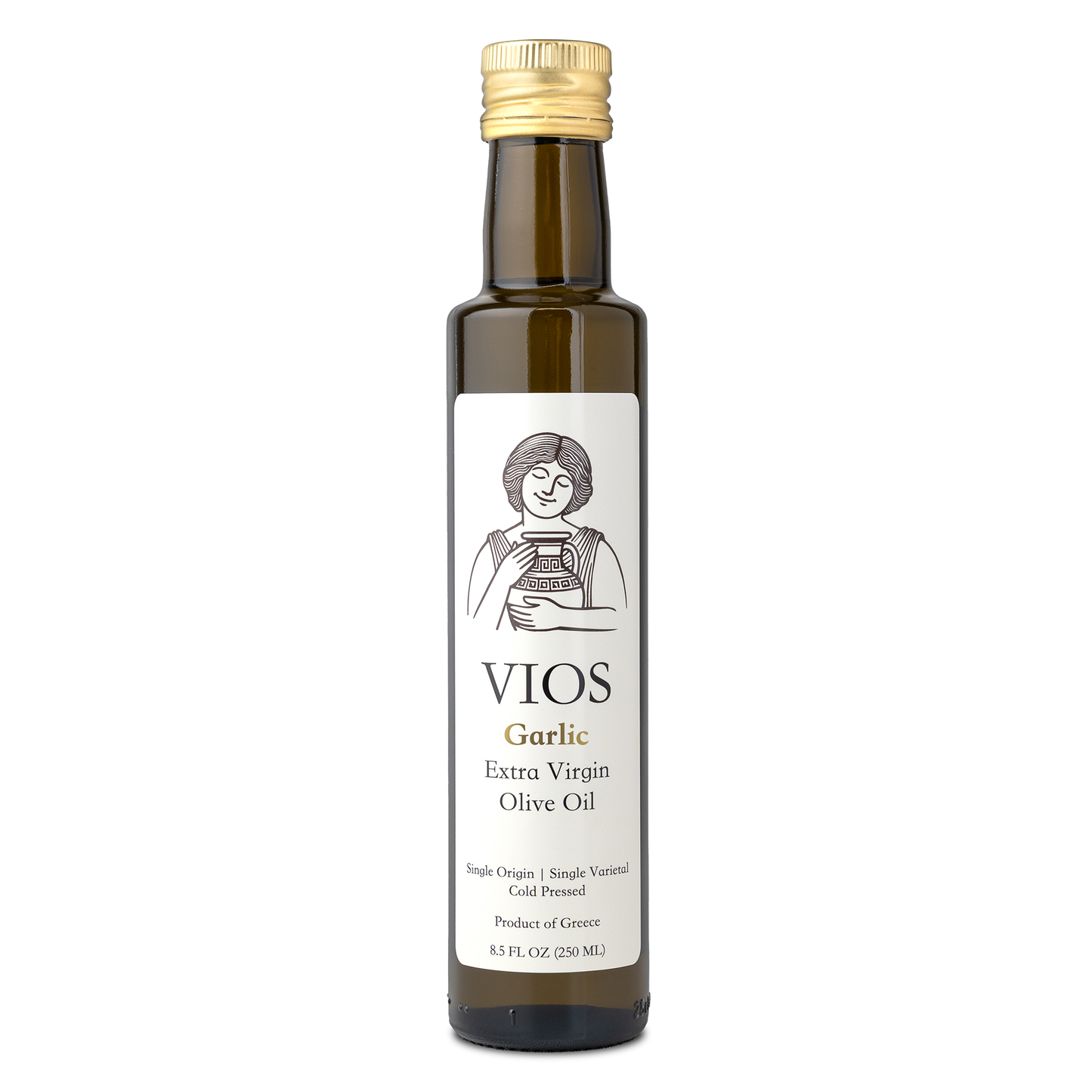 Bottle of VIOS Garlic Extra Virgin Olive Oil on a transparent background