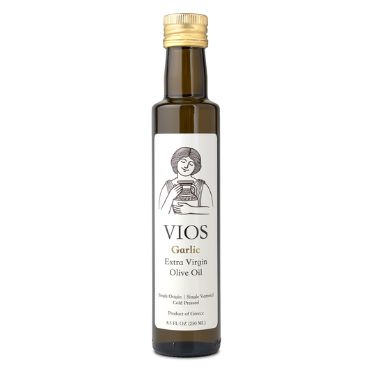 Bottle of VIOS Garlic Extra Virgin Olive Oil on a transparent background
